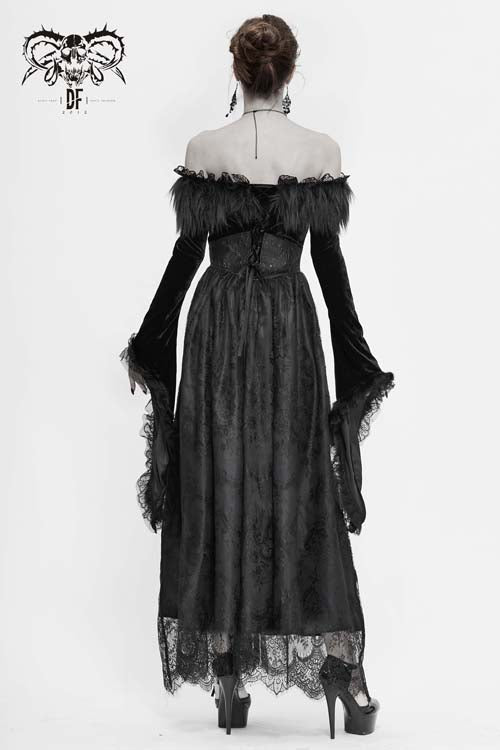 Formal Gothic Gown with Pleated Skirt and Fur Collar