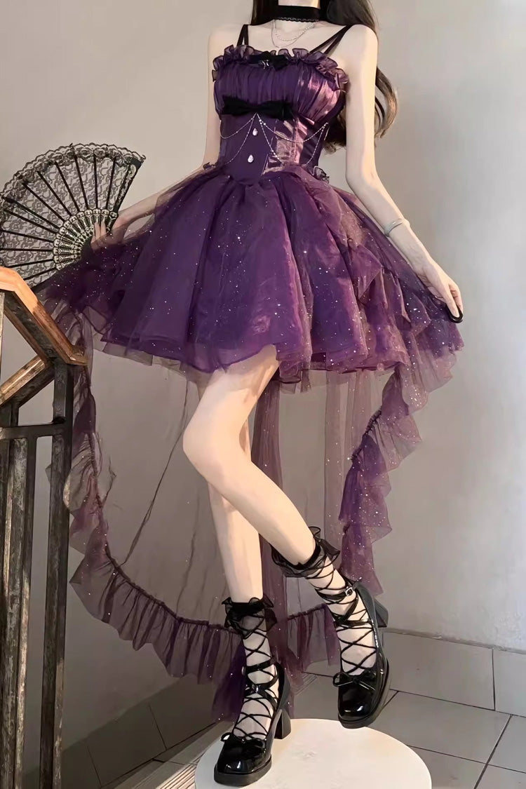 Grape Shimmer Bow Irregular Princess Jumper Dress with Train