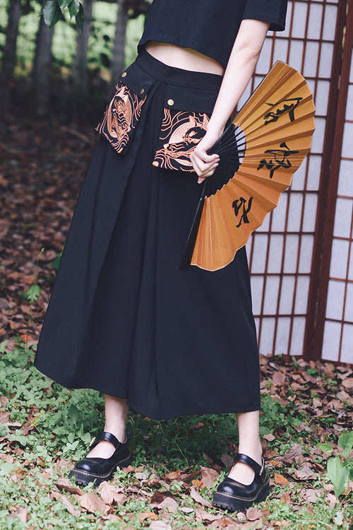 Demonic Embroidered Ouji Wide-Leg Trousers in Black