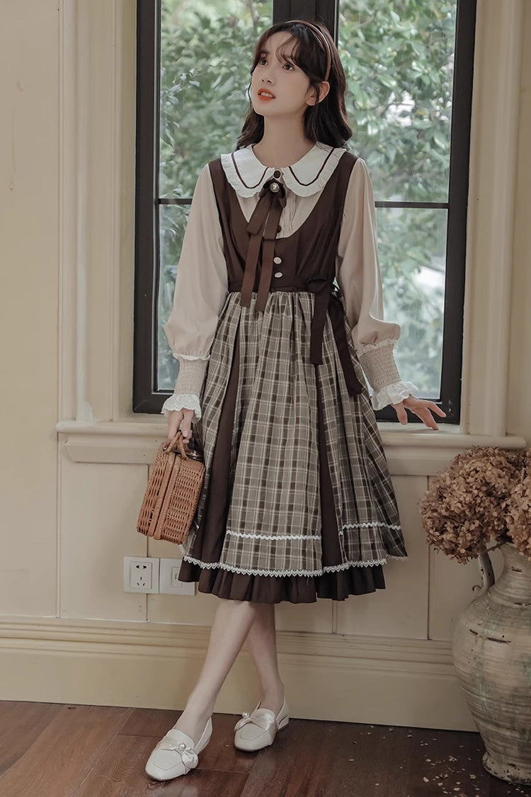 White/Brown Campus Sweet Lolita OP Dress Doll Collar Lantern Sleeves - Altfashion Shop