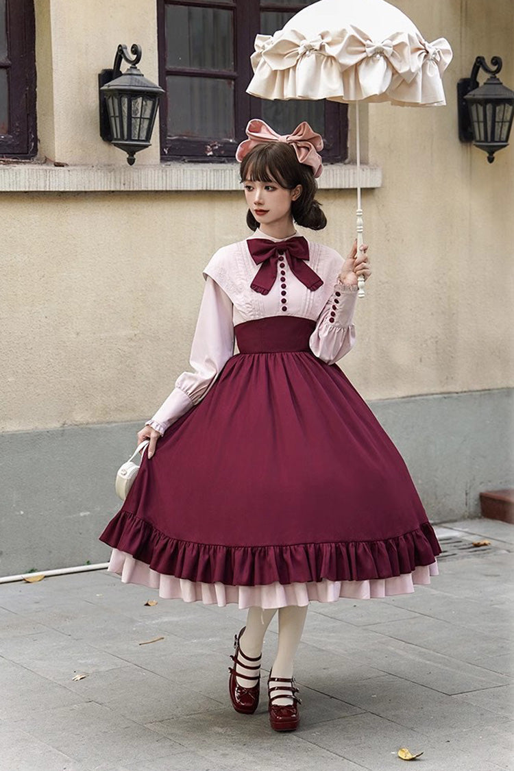 Elegant Rose-Embroidered Long-Sleeve Ruffle Bow Dress with Faux Two-Piece Style in 2 Shades