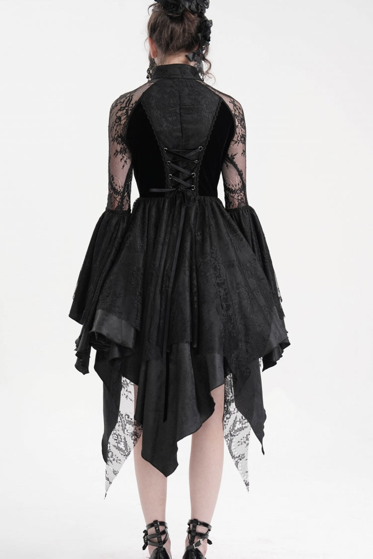 Black Long Sleeves Embroidery Lace Up Irregular Mesh Gothic Dress