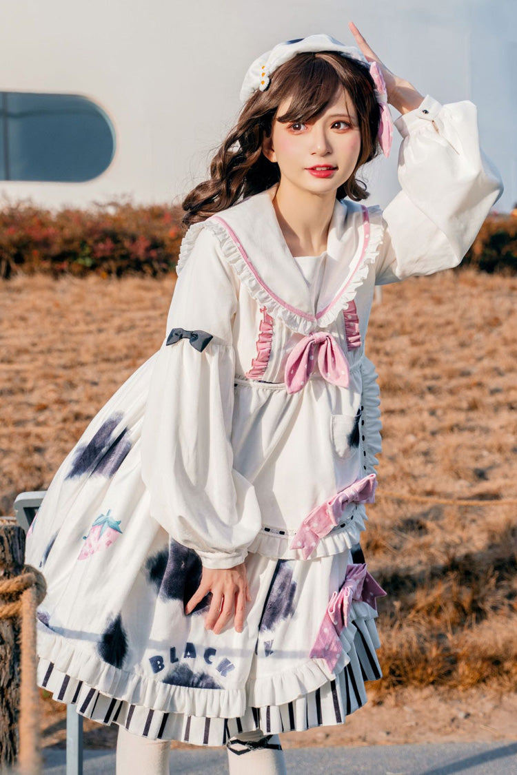 Cow Print Sweet Lolita OP Dress with Stitching and Bow Accents