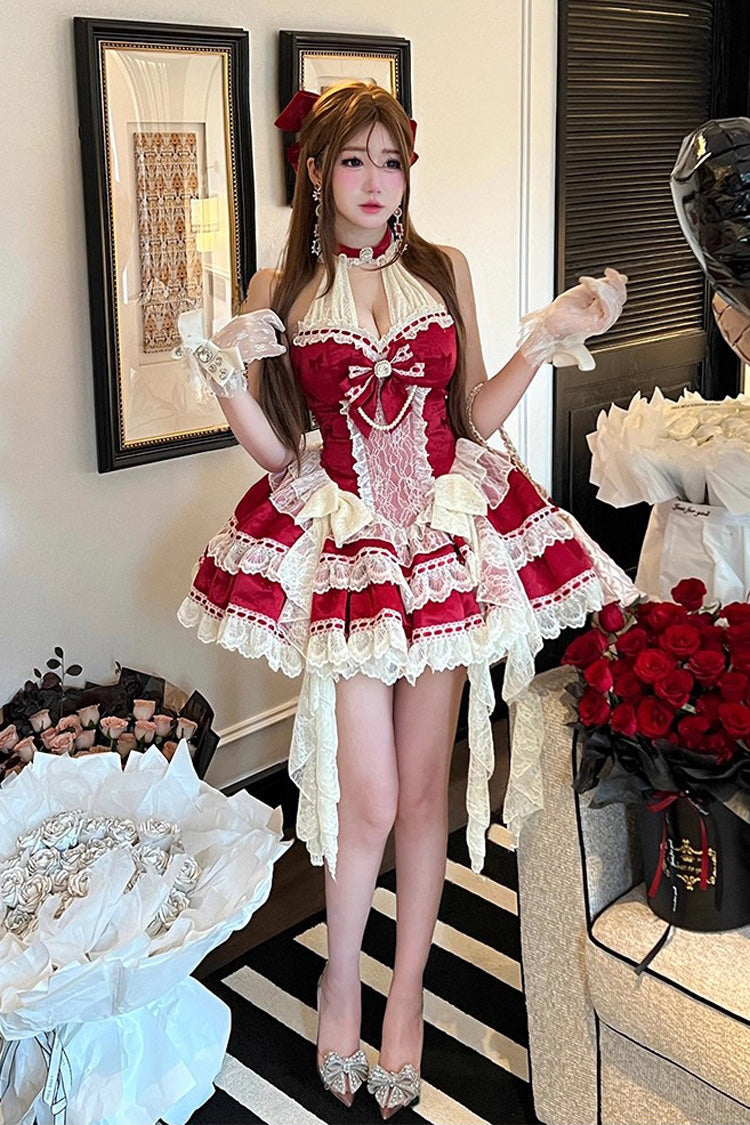 Red Halterneck Sleeveless Double-Layered Ruffle Bow Lace Dress