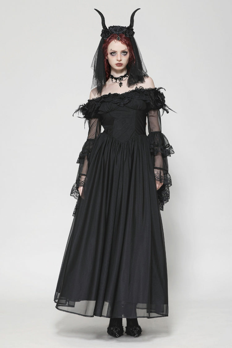 Elegant Gothic Off-Shoulder Tulle Gown with Lace Trim and Flared Sleeves