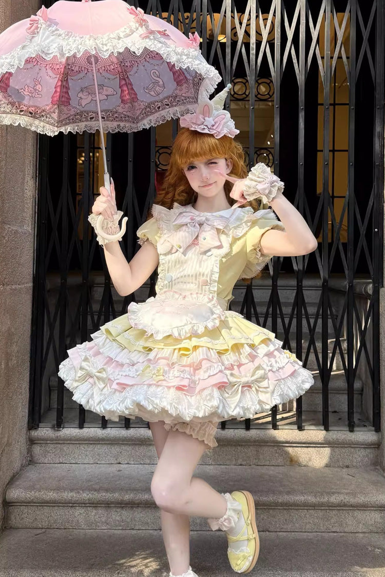 Yellow Pink Short Sleeve Multi-Layered Ruffle Bowknot Sweet Dress