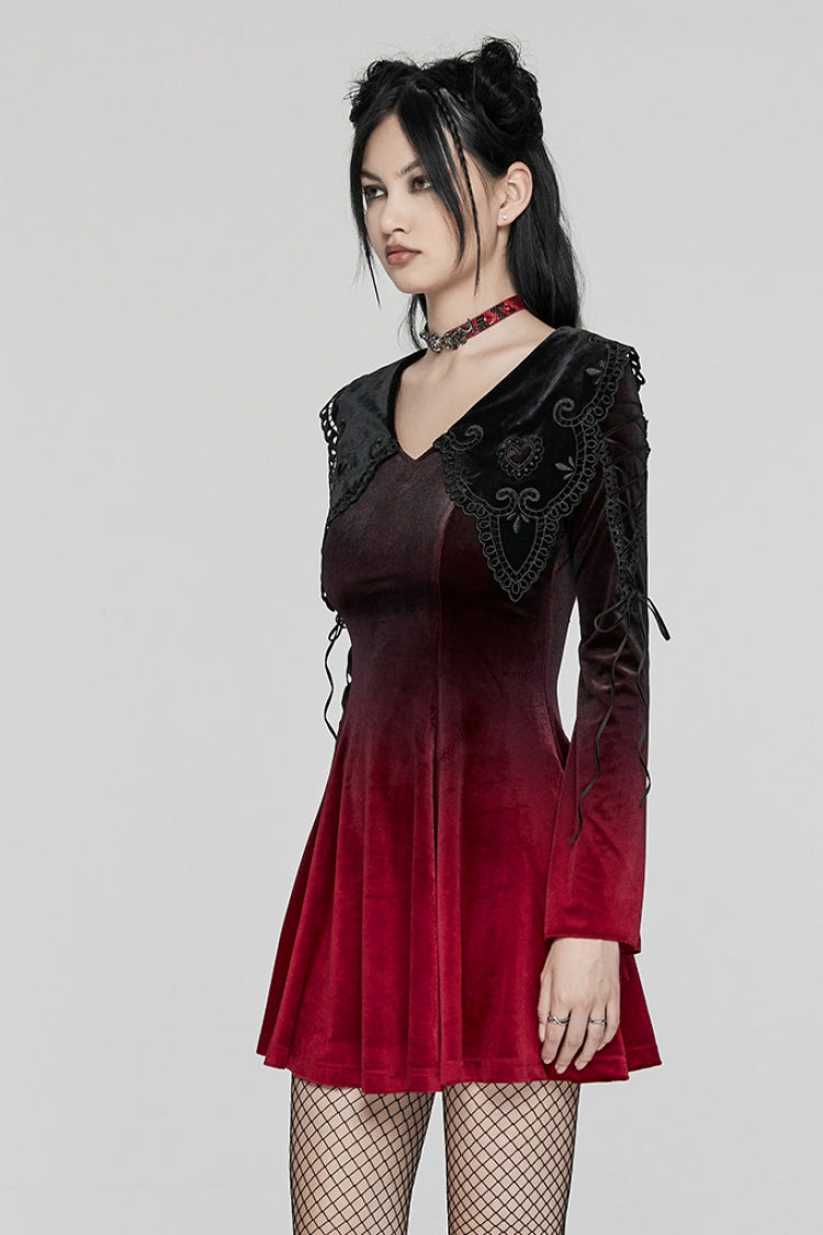 Scarlet & Black Gradient Embroidered Doll Collar Evening Gown