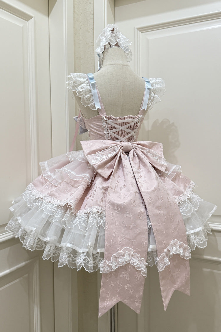 Pink Sweet Ballet Lace Ruffle Sleeveless Bowknot Jsk Dress - Fleishi Island
