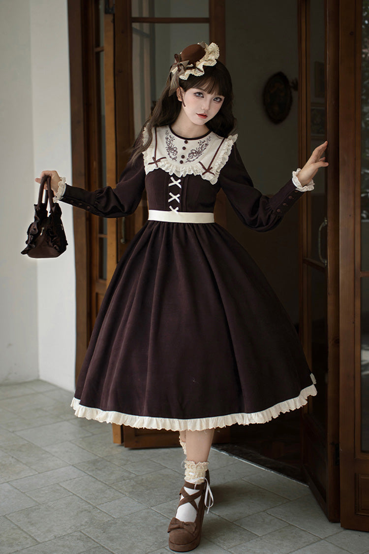 Brown Ruffled Bouquet Embroidered Sweet Lolita Dress - Miss Brown