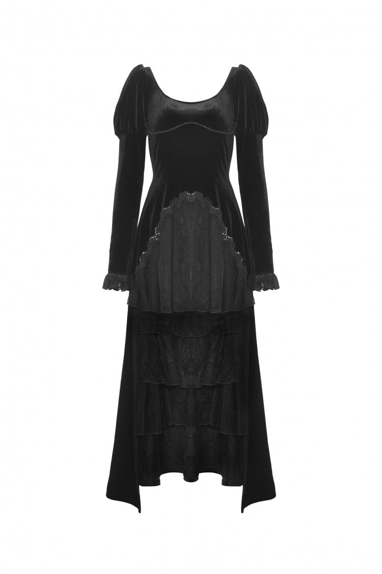 Ink Crewneck Long Puff-Sleeve Lace Hem High-Low Velvet Gothic Wedding Dress for Women