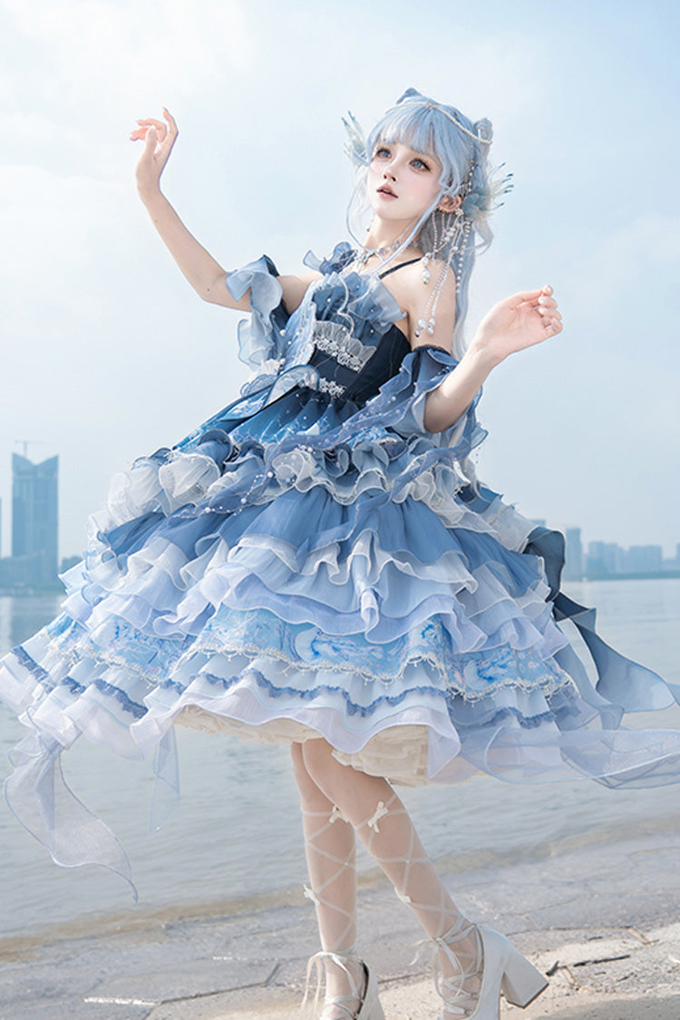Blue Gradient Lace Embroidery Bowknot Asymmetric Elegant JSK Dress