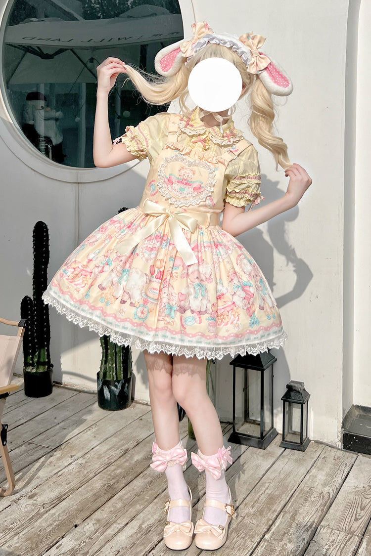 Yellow Sheep's Party Printed Bow Stitching Lace Sweet Lolita Strap Dress - Miss Brown