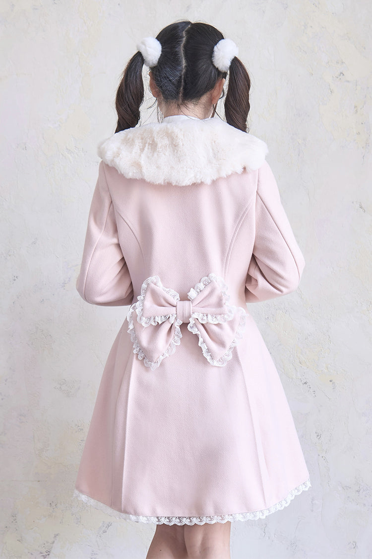 Plush Collar Waist-Cinched Long Sleeve Bow Lace Coat - Lolita Outerwear