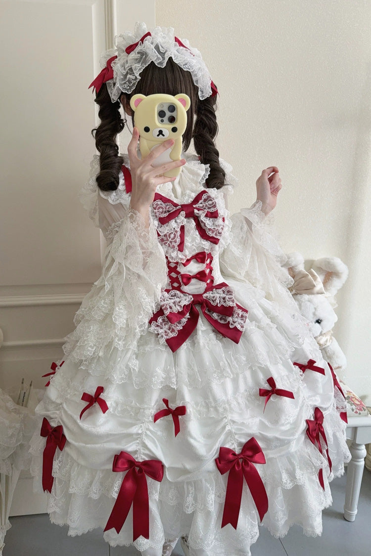 Ivory and Red Silk Gift Box Square Neck Sleeveless Layered Ruffled Bow Lace Sweet Lolita JSK