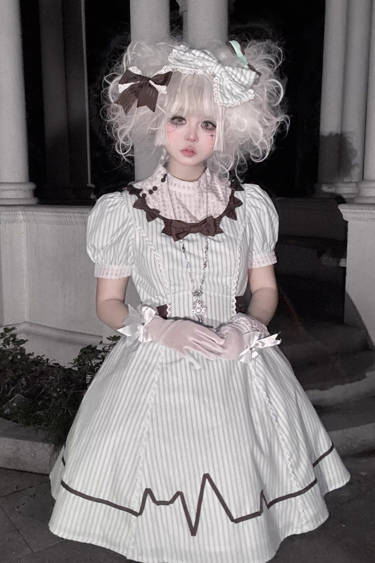 Green Striped Bow Nurse Lolita Stand-Collar