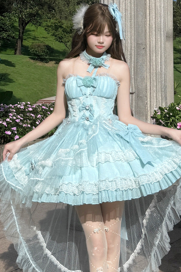 Blue Galaxy-Printed Sweet Tube Top Dress with Ruffles