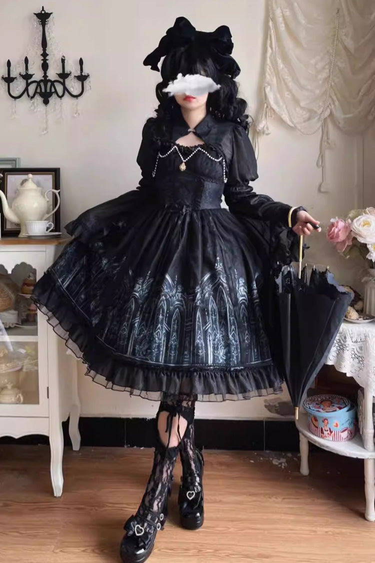Black Sleeveless Silent Night Print Ruffle Gothic Jsk Dress