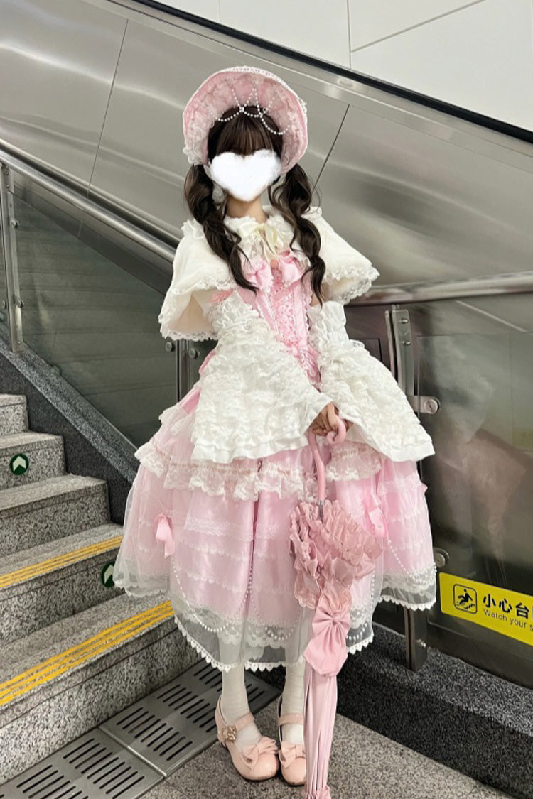 Showa Girl Triple-Layered Ruffle Lolita JSK Long Dress with Pearl Accents