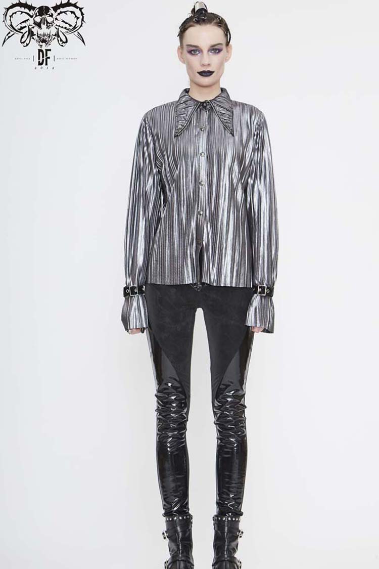 Punk Shirt with Metal Buckles and Pointed Collar
