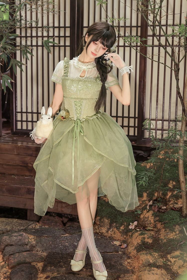 Fragrance Stand Collar Short Sleeves Multi-Layered Printed Ruffled Bow Lace Irregular Chinese Style Sweet Lolita Dress 2 Colors - Green/Pink