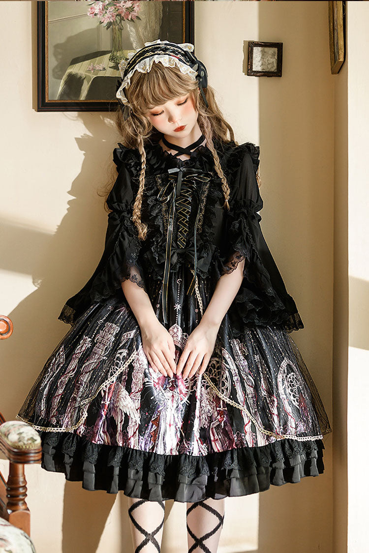Black Gothic Lolita JSK Dress with Angel Wings Print and Mesh Ruffles - Altfashion Shop