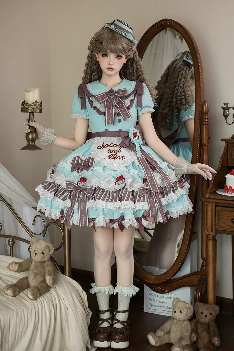 Cherry Mille-Feuille Lapel Collar Short Sleeve Printed Lace Sweet Dress