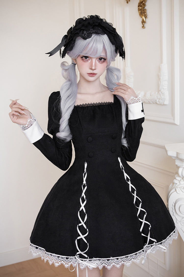 Rose Doll Square Collar Lace-Up Gothic Lolita Dress Set with Bow