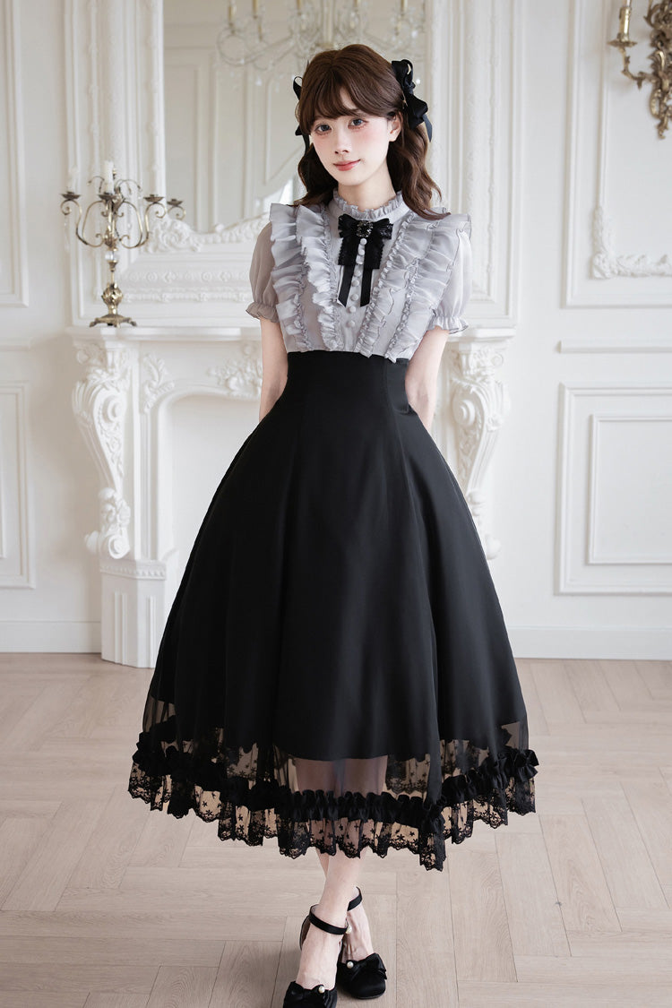 Miss Lola Snow Kiss Stand Collar Short Puff Sleeves Ruffled Color-Blocked Faux Two-Piece Sweet Lolita Long Dress 3 Colors - Black