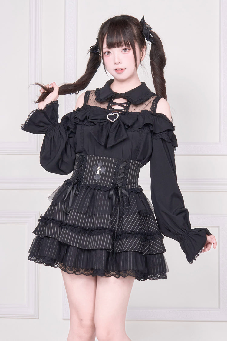 Off Shoulder Bowknot Lace-Up Print Long Sleeve Jirai Blouse in Three Colors