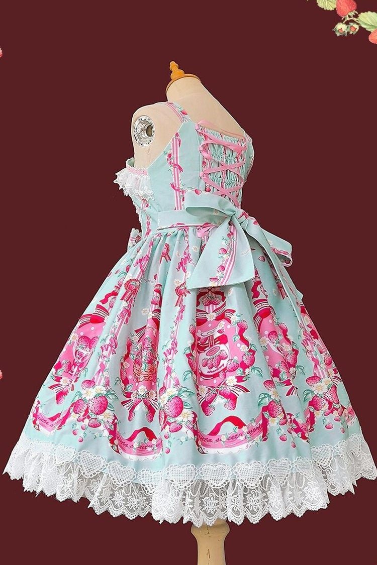 Sleeveless Bowknot Lace Sweet JSK with Print - Strawberry Chef