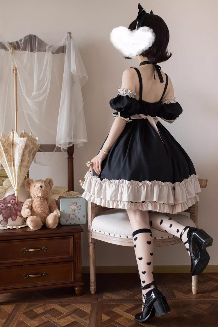 Sleeveless High Waist Ruffle Bow Asymmetric Gothic Lolita Jumper Dress - Black