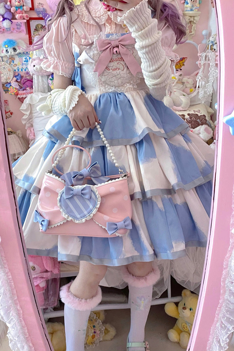 Azure Cow-Print Bowknot Sweet JSK with Triple Ruffles