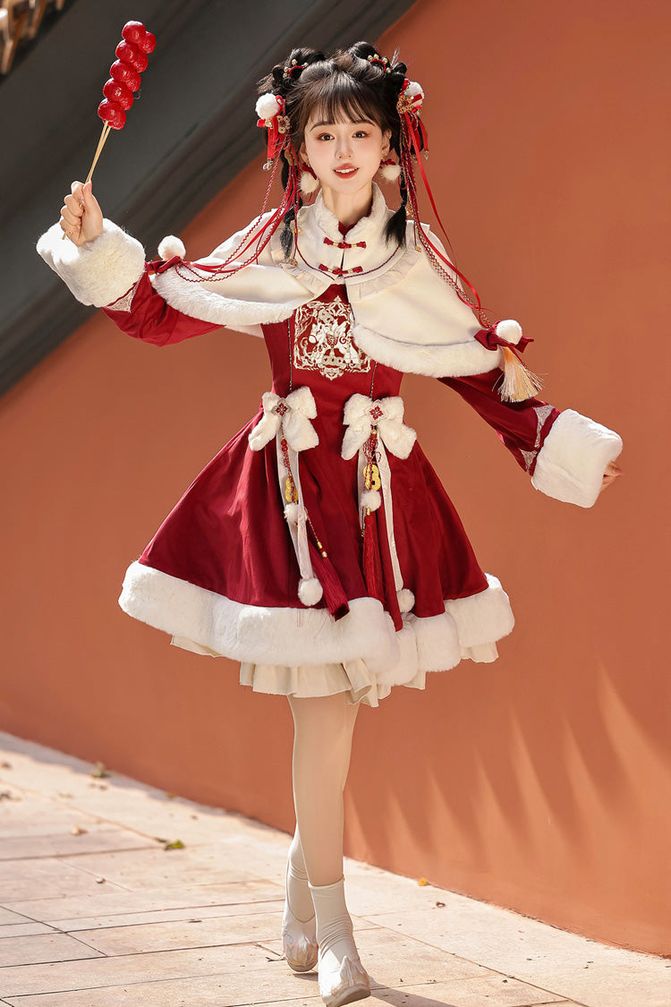 Crimson Embroidered Bow Chinese Sweet Lolita Hanfu Dress