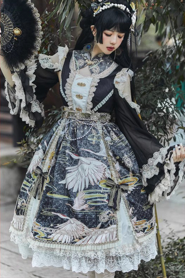 Chinese Style Long Sleeve Print Ruffle Lace Sweet Lolita Dress