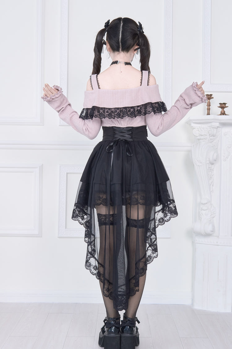 Faux Two Piece Off Shoulder Ruffle Bowknot Lace Gothic Jirai Dress in Two Shades
