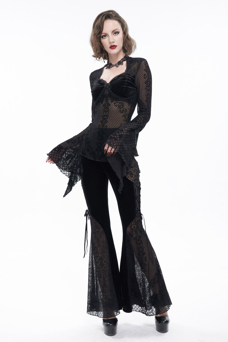 Midnight Velvet Lace Flared-Sleeve Gothic Tee with Metal Accents