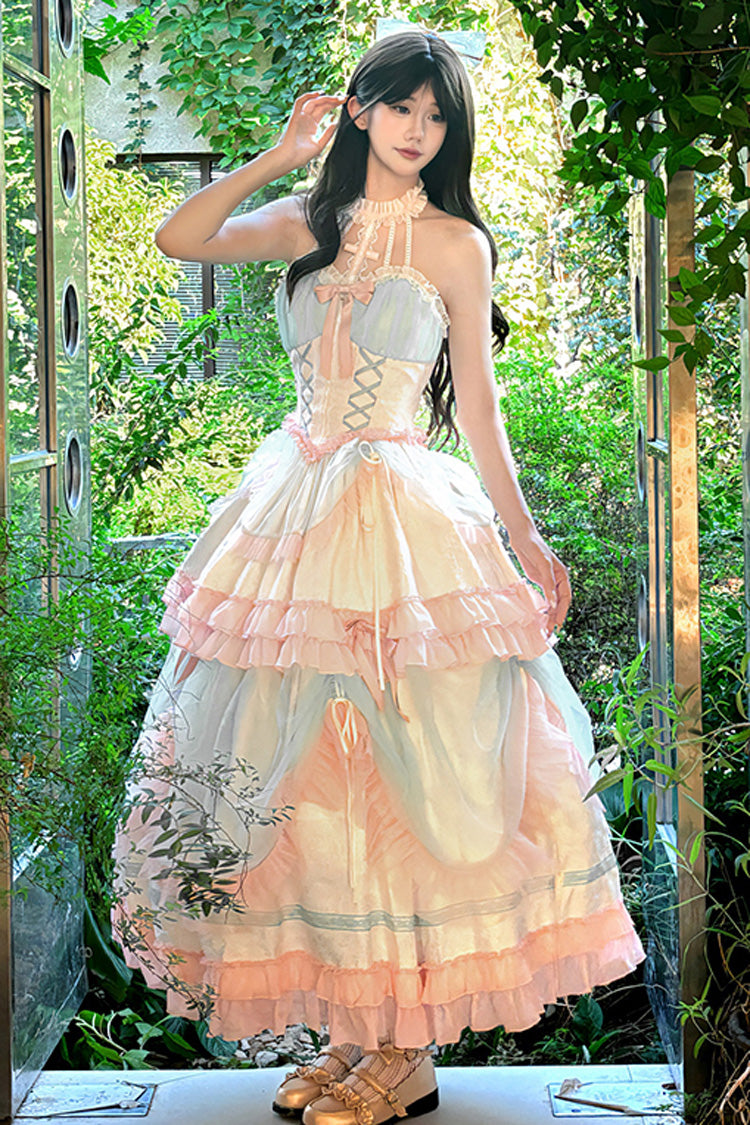 Multi-Color Mermaid Halterneck Lace-Up Sweet Lolita Dress - Ruffled Bowknot