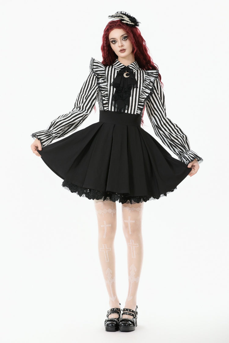 Striped Lapel Collar Long Sleeves Moon Lace Bow Ruffled Pleated Gothic Dress