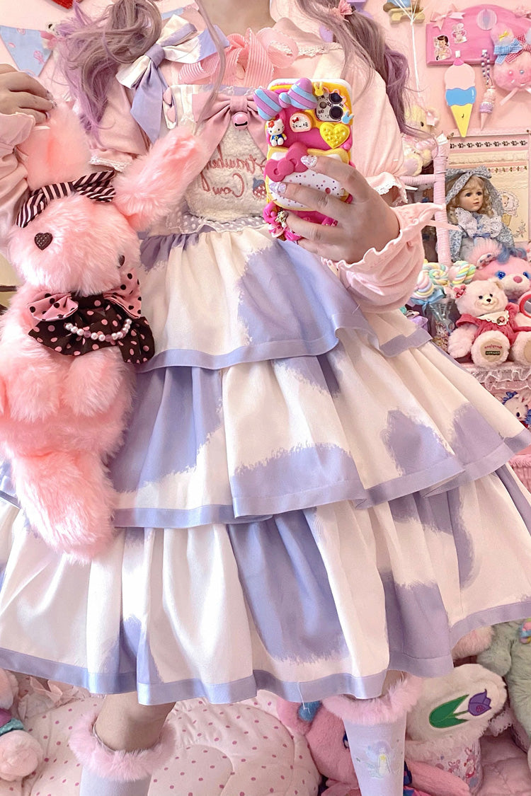 Azure Cow-Print Bowknot Sweet JSK with Triple Ruffles