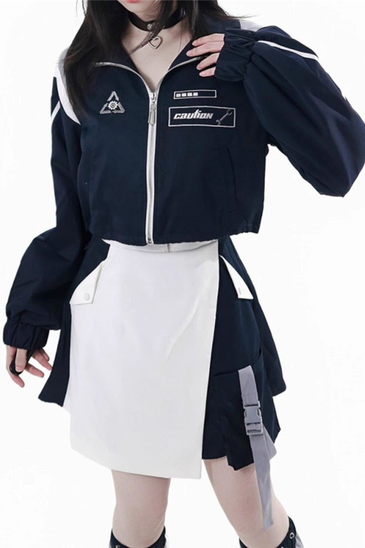 Blue/White Message Overload Techwear Long Sleeves Embroidered Asymmetric Zippered Jirai Kei Dress & Coat Set