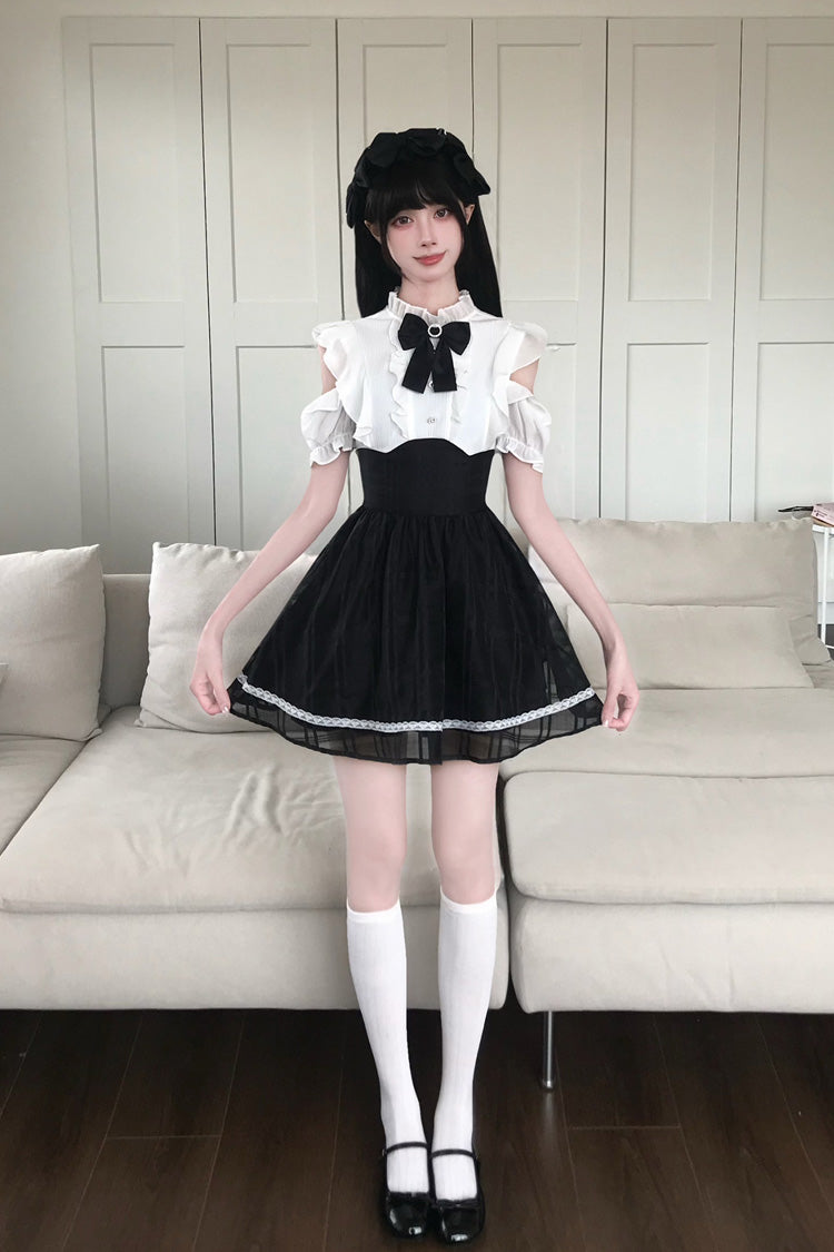 Moonlit Poem Stand Collar Off Shoulder Short Sleeves High Waisted Ruffled Bow Lace Sweet Princess Lolita Dress - Black/White