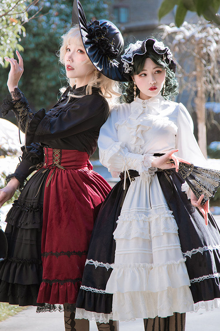 White/Black Gothic Lolita Skirt Dress Stitching Cardigan Ruffled - Altfashion Shop