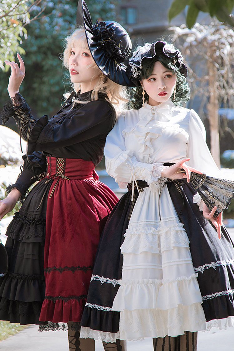 Black/Red Gothic Lolita Skirt Dress Stitching Cardigan Ruffled - Altfashion Shop