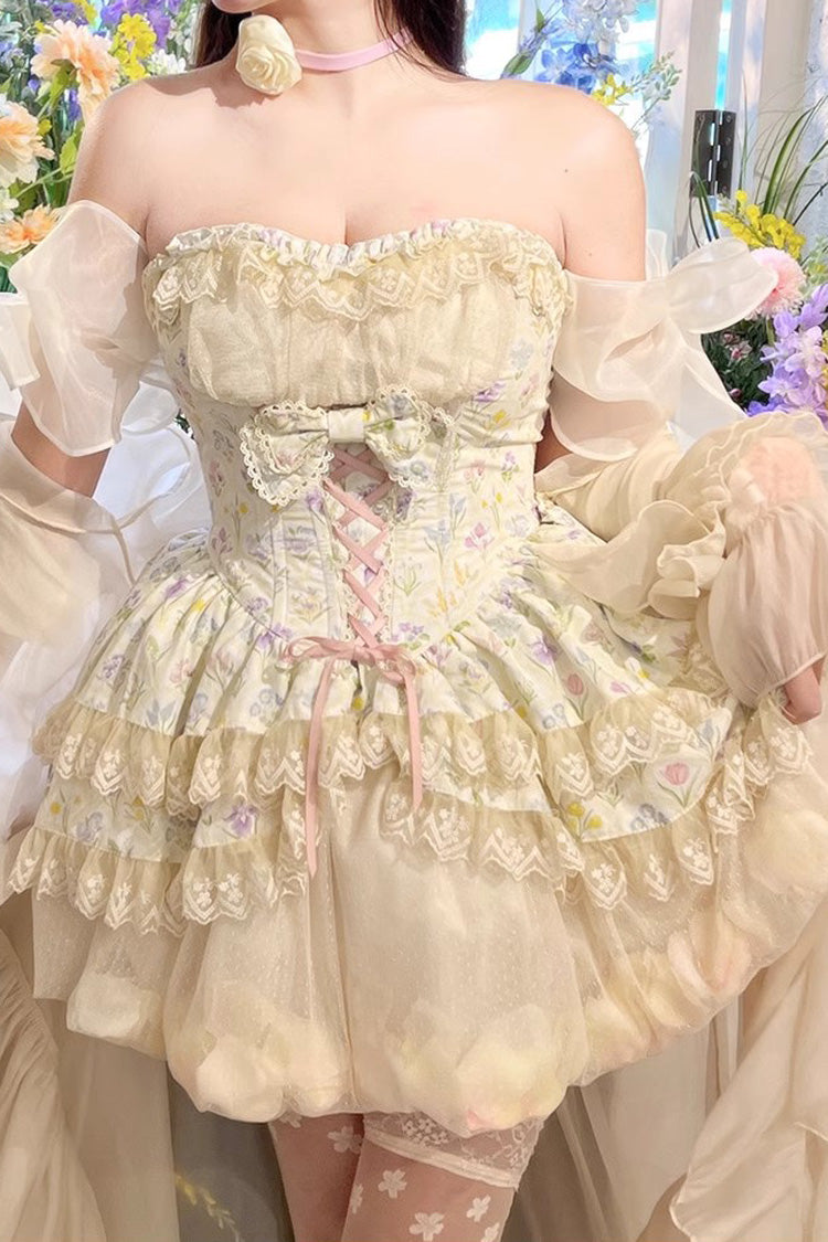 Cream Flower Story Tulip Print Bow Lace Sweet Lolita Skirt