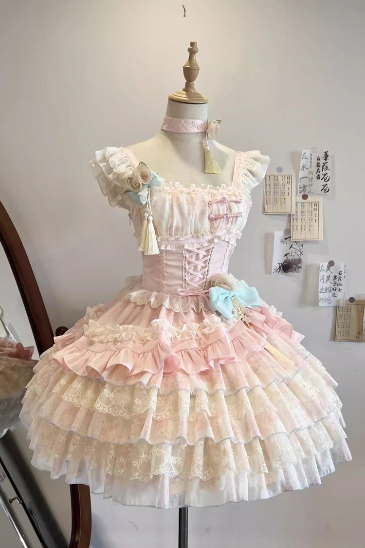 Ancient Poetry Printed Multi-Layer Sweet Lolita Tiered Dress - Chinese Style