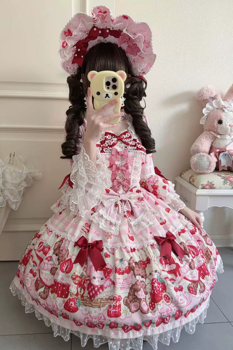 Red/Pink Sweet Lolita OP Dress Half Sleeves Bow Lace Lace-Up - Sweet Berry Bunny Bear