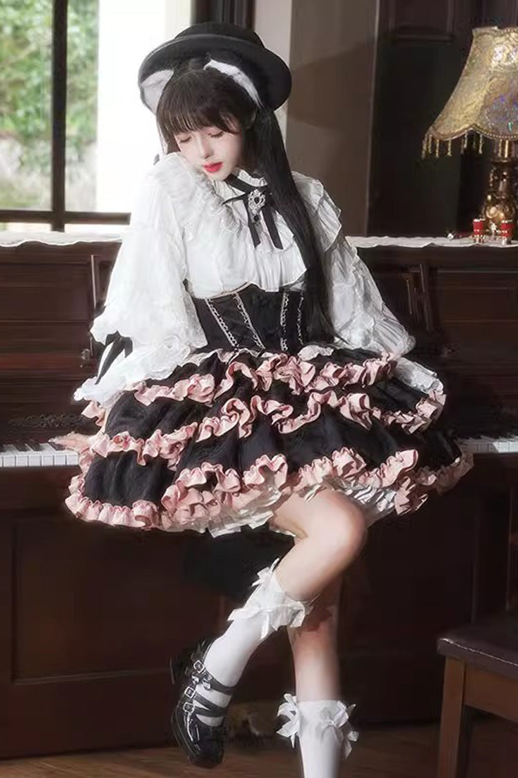 Black Pink Sleeveless Multi Ruffle Bow Lace Up Sweet Lolita Strap Dress