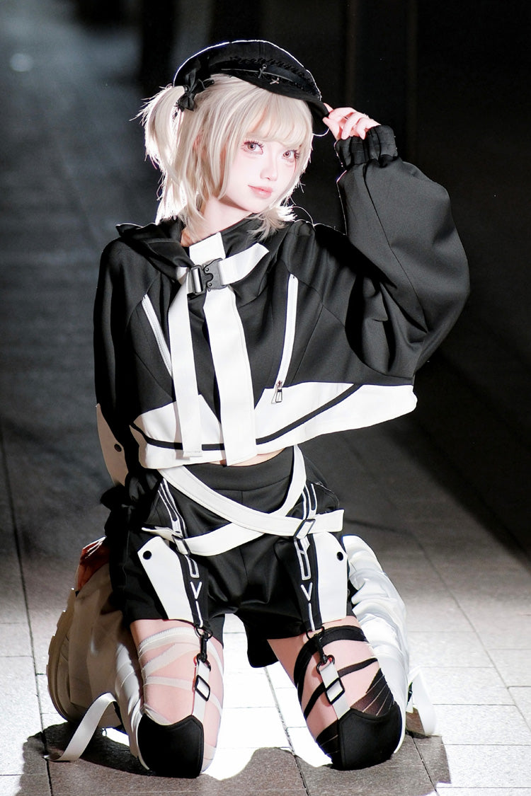 Black/White Zero-Type Transformation Techwear Long Sleeves Embroidered Hooded Punk Jirai Kei Shorts Coat Set