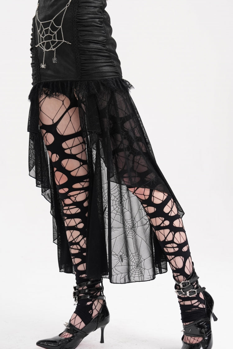 Gothic Skirt with Irregular Hem Lace Chain and Mesh