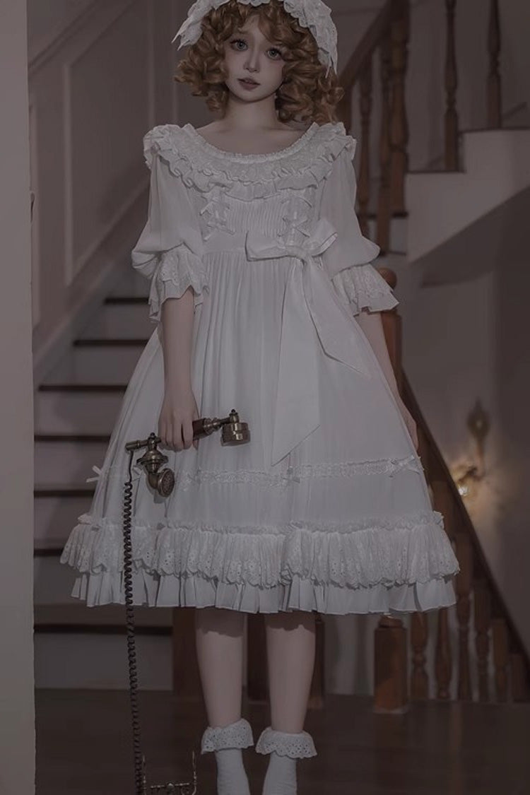 Ivory Short Sleeve Ruffle Bow Lace-Up Gothic Dress